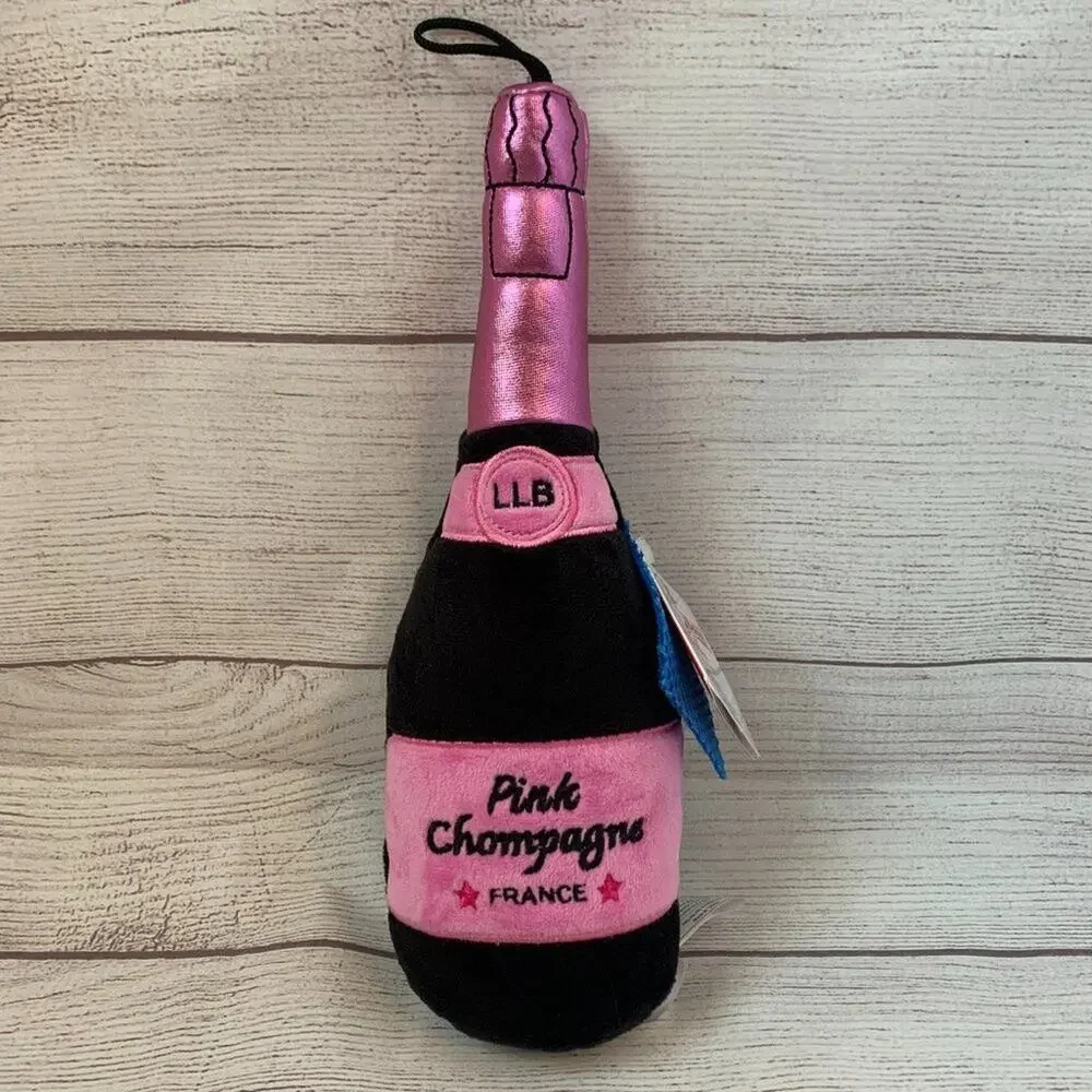 Lulubelles Dog Toy Plush Stuffed Pink & Black Champagne Bottle Squeaky NEW 13